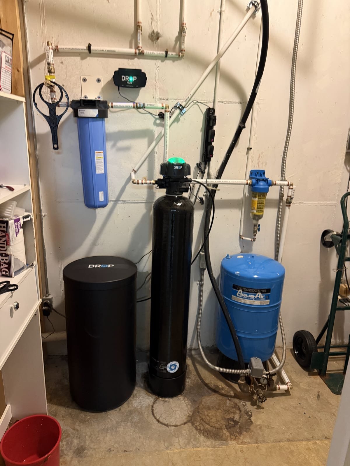 Drop Connect water softener installed with bypass valve and brine tank