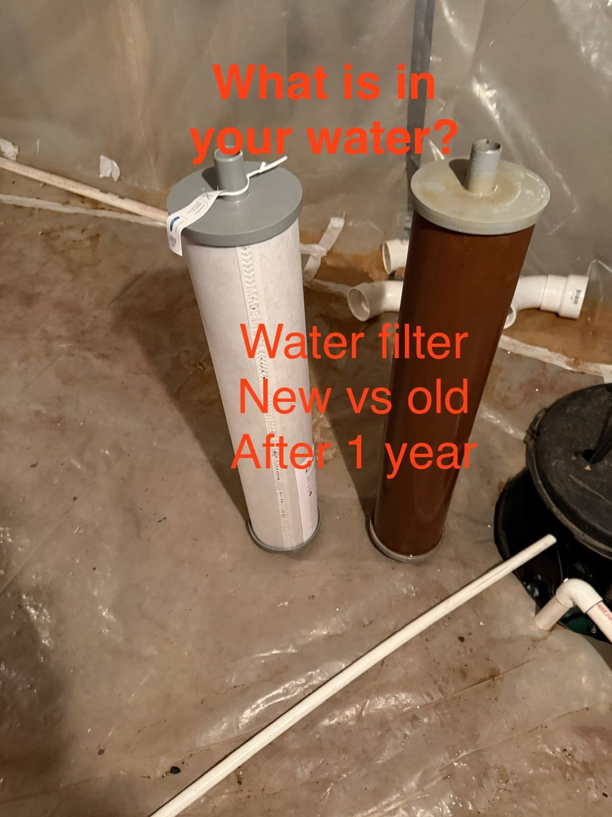 Side-by-side comparison of a clean new water filter cartridge and a heavily fouled used one